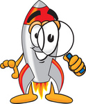 Clip Art Graphic of a Space Rocket Cartoon Character Looking Through a Magnifying Glass