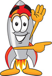 Clip Art Graphic of a Space Rocket Cartoon Character Waving and Pointing