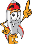 Clip Art Graphic of a Space Rocket Cartoon Character Pointing Upwards