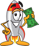 Clip Art Graphic of a Space Rocket Cartoon Character Holding a Dollar Bill