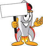 Clip Art Graphic of a Space Rocket Cartoon Character Holding a Blank Sign