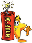 Clip Art Graphic of a Yellow Star Cartoon Character Standing With a Lit Stick of Dynamite