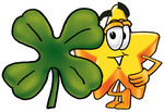 Clip Art Graphic of a Yellow Star Cartoon Character With a Green Four Leaf Clover on St Paddy’s or St Patricks Day