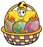 Clip Art Graphic of a Yellow Star Cartoon Character in an Easter Basket Full of Decorated Easter Eggs