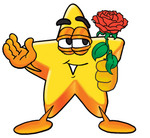 Clip Art Graphic of a Yellow Star Cartoon Character Holding a Red Rose on Valentines Day
