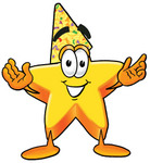 Clip Art Graphic of a Yellow Star Cartoon Character Wearing a Birthday Party Hat