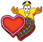 Clip Art Graphic of a Yellow Star Cartoon Character With an Open Box of Valentines Day Chocolate Candies
