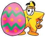 Clip Art Graphic of a Yellow Star Cartoon Character Standing Beside an Easter Egg