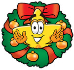 Clip Art Graphic of a Yellow Star Cartoon Character in the Center of a Christmas Wreath