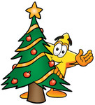 Clip Art Graphic of a Yellow Star Cartoon Character Waving and Standing by a Decorated Christmas Tree