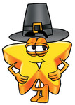 Clip Art Graphic of a Yellow Star Cartoon Character Wearing a Pilgrim Hat on Thanksgiving