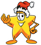 Clip Art Graphic of a Yellow Star Cartoon Character Wearing a Santa Hat and Waving