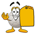Clip Art Graphic of a White Soccer Ball Cartoon Character Holding a Yellow Sales Price Tag
