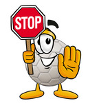Clip Art Graphic of a White Soccer Ball Cartoon Character Holding a Stop Sign