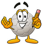 Clip Art Graphic of a White Soccer Ball Cartoon Character Holding a Pencil