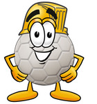 Clip Art Graphic of a White Soccer Ball Cartoon Character Wearing a Hardhat Helmet
