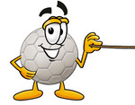 Clip Art Graphic of a White Soccer Ball Cartoon Character Holding a Pointer Stick