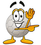 Clip Art Graphic of a White Soccer Ball Cartoon Character Waving and Pointing