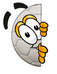 Clip Art Graphic of a White Soccer Ball Cartoon Character Peeking Around a Corner