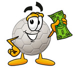 Clip Art Graphic of a White Soccer Ball Cartoon Character Holding a Dollar Bill