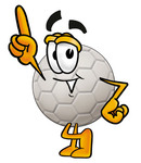 Clip Art Graphic of a White Soccer Ball Cartoon Character Pointing Upwards