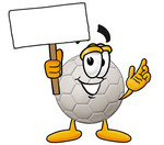 Clip Art Graphic of a White Soccer Ball Cartoon Character Holding a Blank Sign