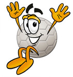 Clip Art Graphic of a White Soccer Ball Cartoon Character Jumping