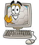 Clip Art Graphic of a White Soccer Ball Cartoon Character Waving From Inside a Computer Screen