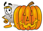 Clip Art Graphic of a White Soccer Ball Cartoon Character With a Carved Halloween Pumpkin