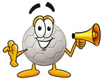 Clip Art Graphic of a White Soccer Ball Cartoon Character Holding a Megaphone