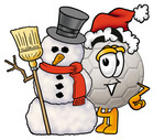 Clip Art Graphic of a White Soccer Ball Cartoon Character With a Snowman on Christmas