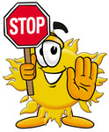 Clip Art Graphic of a Yellow Sun Cartoon Character Holding a Stop Sign