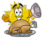 Clip Art Graphic of a Yellow Sun Cartoon Character Serving a Thanksgiving Turkey on a Platter
