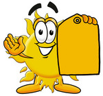 Clip Art Graphic of a Yellow Sun Cartoon Character Holding a Yellow Sales Price Tag