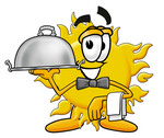 Clip Art Graphic of a Yellow Sun Cartoon Character Dressed as a Waiter and Holding a Serving Platter