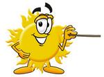 Clip Art Graphic of a Yellow Sun Cartoon Character Holding a Pointer Stick