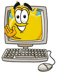 Clip Art Graphic of a Yellow Sun Cartoon Character Waving From Inside a Computer Screen