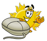 Clip Art Graphic of a Yellow Sun Cartoon Character With a Computer Mouse