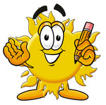 Clip Art Graphic of a Yellow Sun Cartoon Character Holding a Pencil
