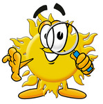 Clip Art Graphic of a Yellow Sun Cartoon Character Looking Through a Magnifying Glass
