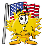 Clip Art Graphic of a Yellow Sun Cartoon Character Pledging Allegiance to an American Flag