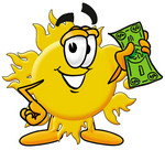 Clip Art Graphic of a Yellow Sun Cartoon Character Holding a Dollar Bill