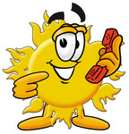 Clip Art Graphic of a Yellow Sun Cartoon Character Holding a Telephone
