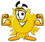 Clip Art Graphic of a Yellow Sun Cartoon Character Flexing His Arm Muscles