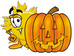 Clip Art Graphic of a Yellow Sun Cartoon Character With a Carved Halloween Pumpkin