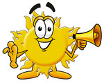 Clip Art Graphic of a Yellow Sun Cartoon Character Holding a Megaphone