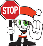 Clip Art Graphic of a Santa Claus Cartoon Character Holding a Stop Sign