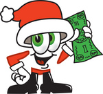 Clip Art Graphic of a Santa Claus Cartoon Character Holding a Dollar Bill