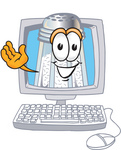 Clip Art Graphic of a Salt Shaker Cartoon Character Waving From Inside a Computer Screen