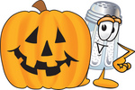 Clip Art Graphic of a Salt Shaker Cartoon Character With a Carved Halloween Pumpkin